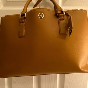 Tan Tory Burch handbag with dust cover and strap